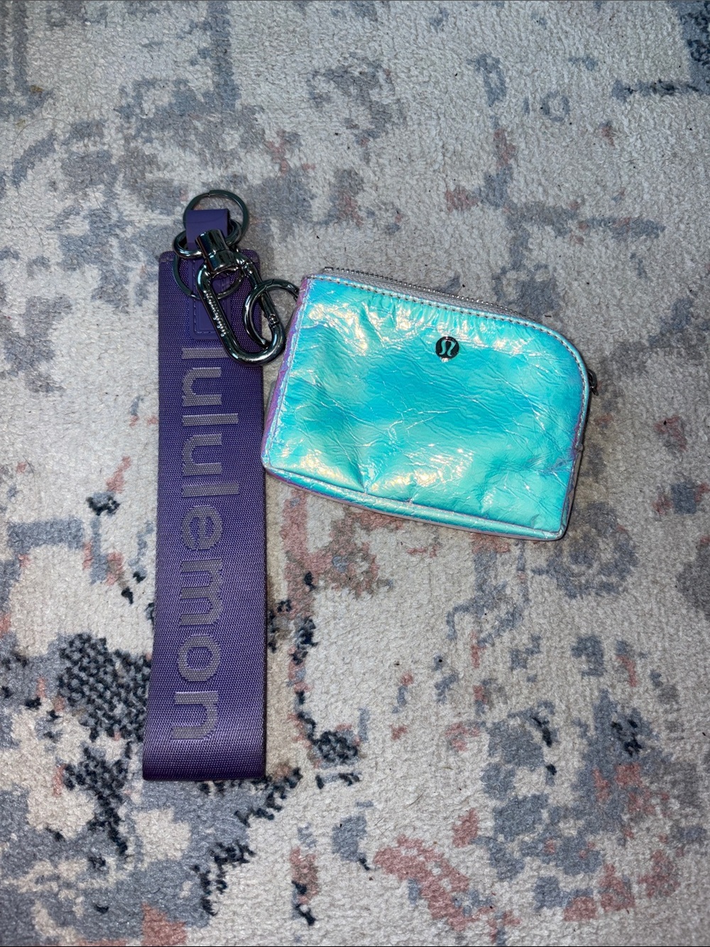 Lululemon Iridescent Turquoise Coin Pouch with Purple Lanyard